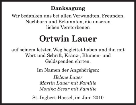 Traueranzeigen Von Ortwin Lauer Trauer De