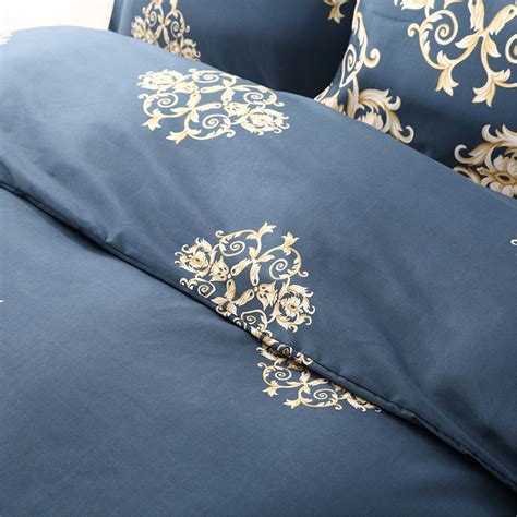 Dark Blue Duvet Cover Set Paisley Gold Leaves Pattern Warm Etsy