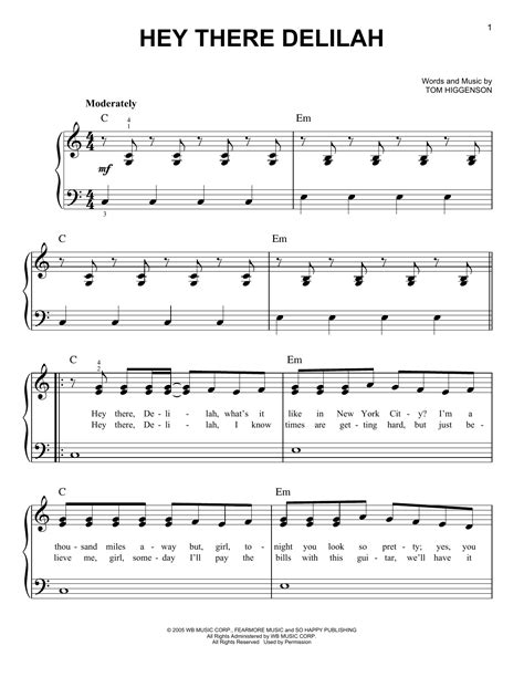 Hey There Delilah By Plain White Ts Sheet Music For Easy Piano At Sheet