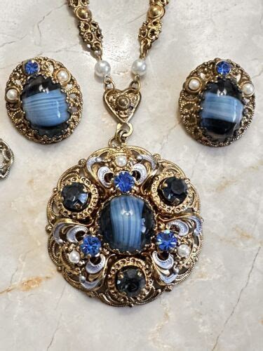 West Germany Blue Porphyry Slag Art Glass Blue Enamel Filigree Necklace