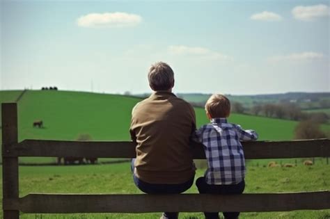 Vista Trasera De Padre E Hijo Sentados En La Cerca Y Mirando El Campo