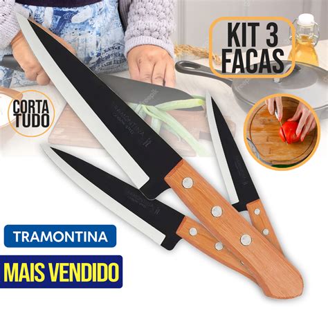 Kit Facas Jogo De Faca Carbono Steel Tramontina Madeira Peixeira