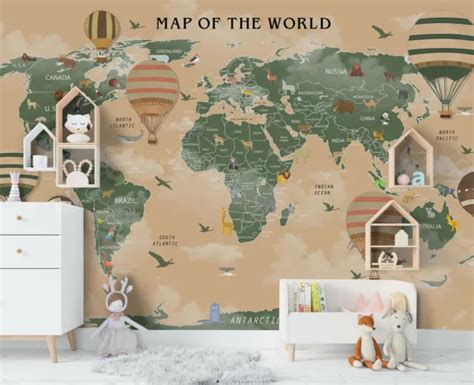 3D CARTOON WORLD Map Wallpaper Wall Mural Removable Self Adhesive