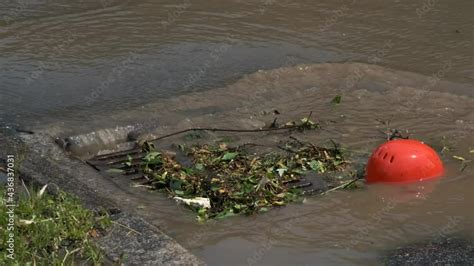 Water Enters A Storm Sewer Clogged With Branches After Heavy Rain The