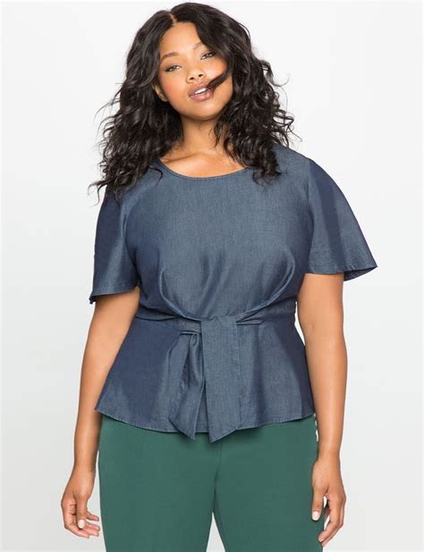 Flare Sleeve Tie Front Chambray Top Womens Plus Size Tops Chambray