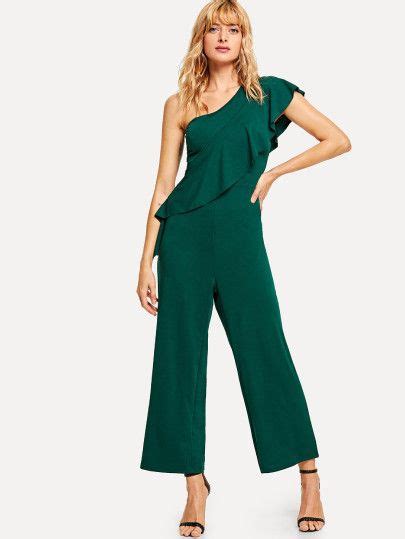 Shein Flounce One Shoulder Wide Leg Solid Jumpsuit Solid Jumpsuit