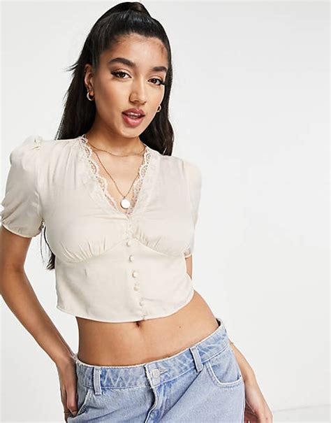 Stradivarius Satin Romantic Blouse With Lace Trim In Stone Asos