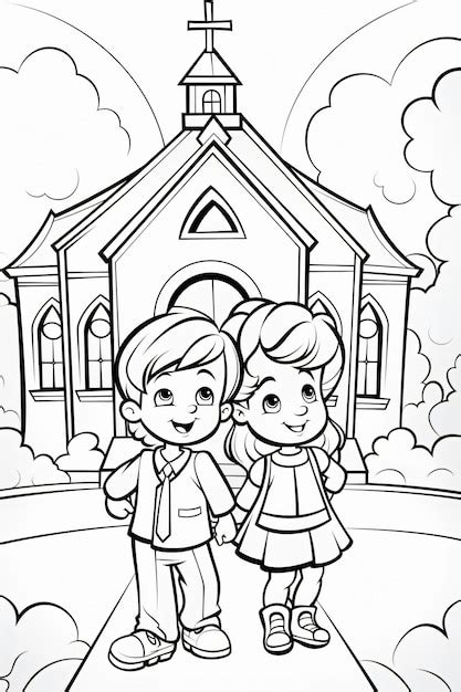 Premium Photo | Coloring page of christian kids go to sunday school anak anak pergi ke sekolah ...