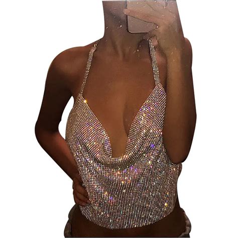 Sexy Stage Diamond Sequins Halter Neck Vest Womens Shimmer Flashy Sparkle Sleeveless Tops