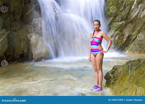 Woman Stand Front Waterfall With Bikini Relax Stock Image Image Of
