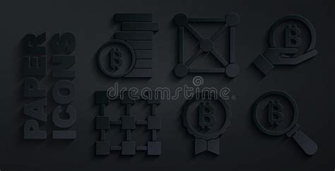 Set Bitcoin Hand Holding Blockchain Technology Magnifying Glass With And Icon Vector Stock