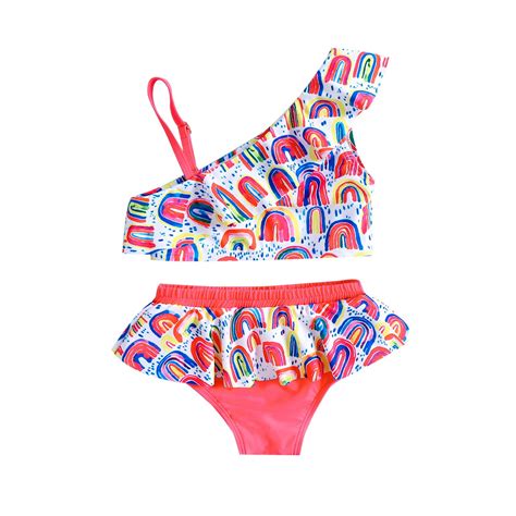 Boomny Girl S Bathing Suit Ruffled Sleeve Casual Colorful Rainbow Printed Piece Bikini Set
