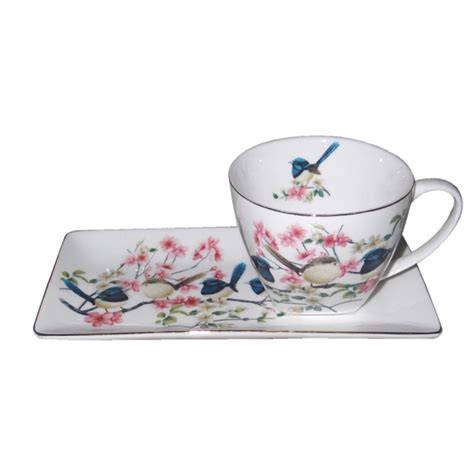 Elegant Kitchen Breakfast Tea Cup And Plate Set Blue Wren China