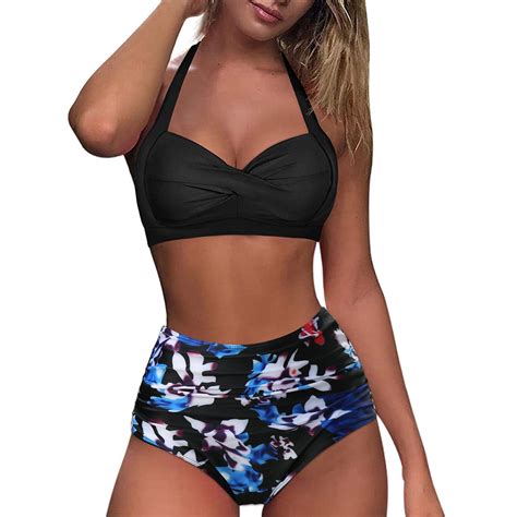 Baodmurt Women S Retro High Waist Bikini Set Vintage Print Ruched Swimsuit Multicolor S XXL