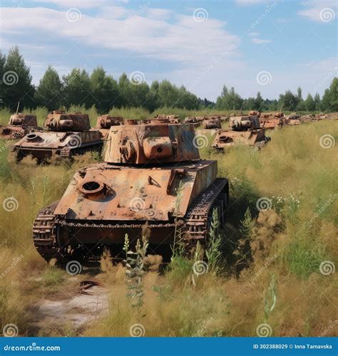 Metal Garbage On Field Old Rusty Abandoned Crashed Panzers Standing In