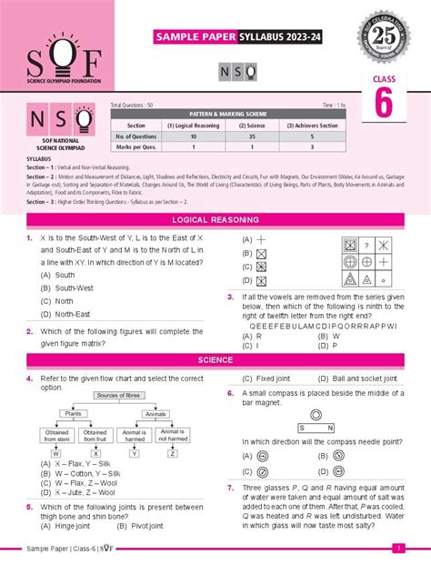 Sof Nso Sample Paper 2024 Class 6