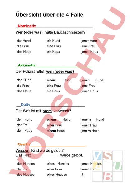 Arbeitsblatt Übersicht 4 Fälle Deutsch Grammatik