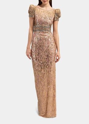 Jenny Packham Sungem Degrade Beaded Puff Sleeve Gown Shopstyle