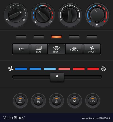 Car dashboard elements with black push buttons and