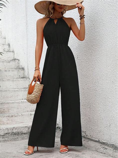 Shein Vcay Solid Halter Neck Wide Leg Jumpsuit Shein Usa