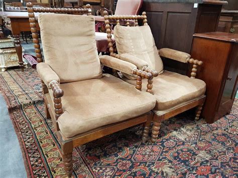 Lot Pair Of Late Victorian Edwardian Oak Armchairs Of Graduated Size Fully Constructed From