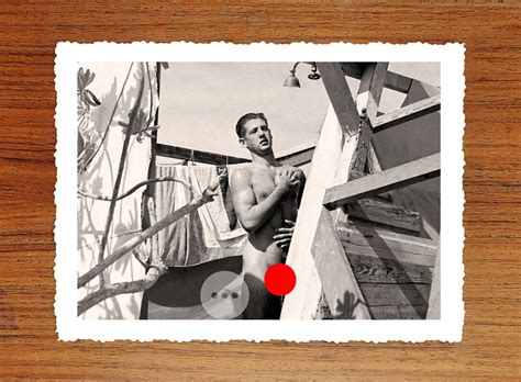 Vintage Male Nude Art Photo Print Handsome Naked Man Showering Outdoors Erotic Vintage