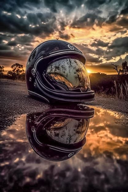 Casco De Motociclista En La Carretera Al Atardecer Foto Premium