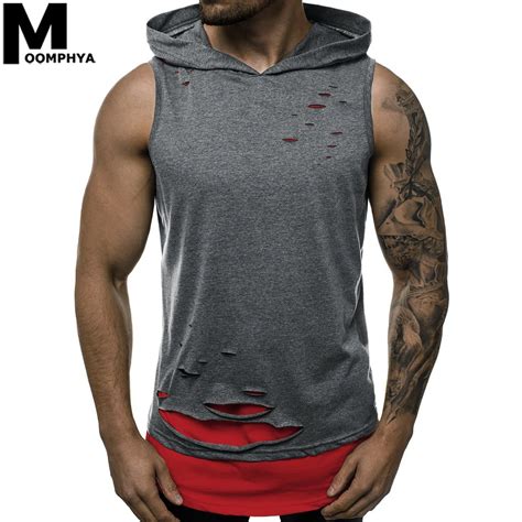 Moomphya 2020 Hooded Ripped Holes Tank Top Men Mens Clothing