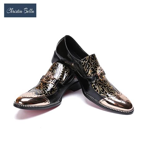 Christia Bella Italy Mens Pointed Metal Toe Dress Shoes Black Party Shoes Gold Floral Print