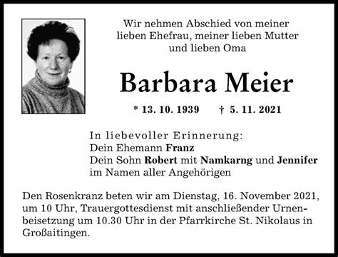 Traueranzeigen Von Barbara Meier Augsburger Allgemeine Zeitung