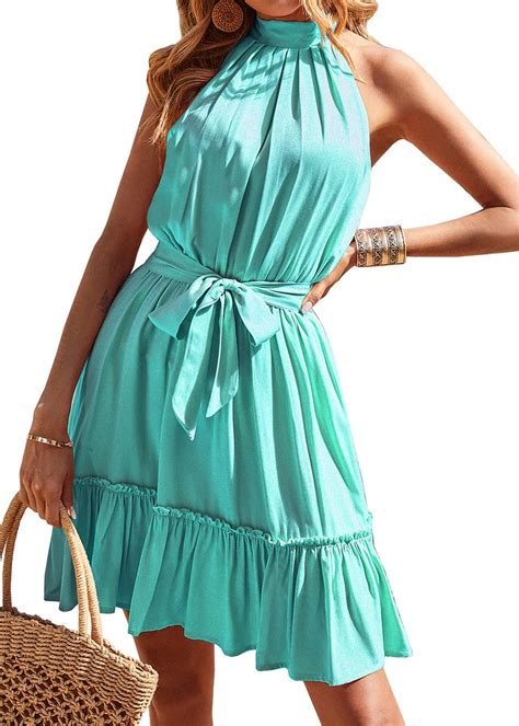 BTFBM Women Floral Dresses Casual Summer Sleeveless Halter Neck Ruffle