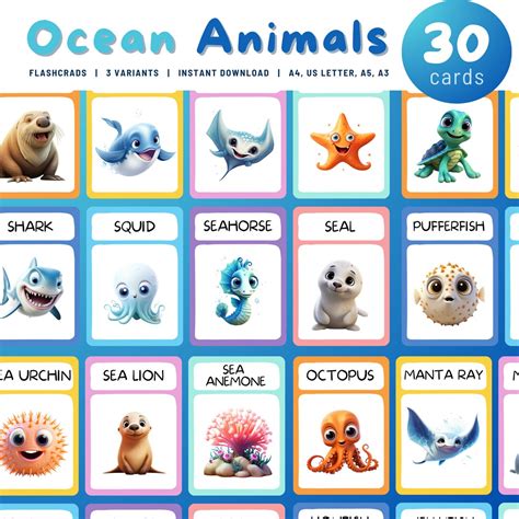 Printable Ocean Animals Flashcards, 30 Montessori Cards Animals Flash ...