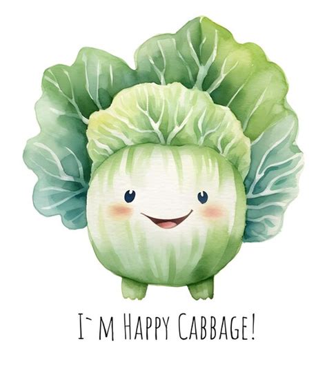 Premium Photo Watercolor Kawaii Cabbage Cute Smiling Happy Vegetable Characters