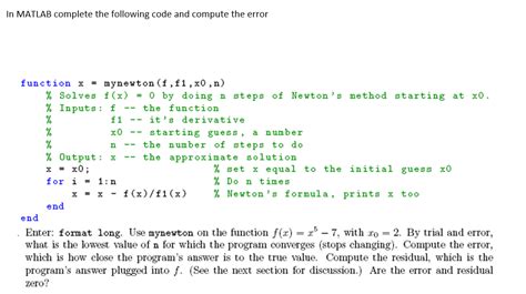 Solved In Matlab Complete The Following Code And Compute The