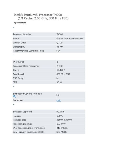 Intel® Pentium® Processor T4200 (1M Cache, 2.00 GHZ, 800 MHZ FSB) | PDF