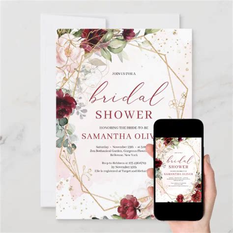 Gorgeous Blush Burgundy Floral Gold Bridal Shower Invitation Zazzle