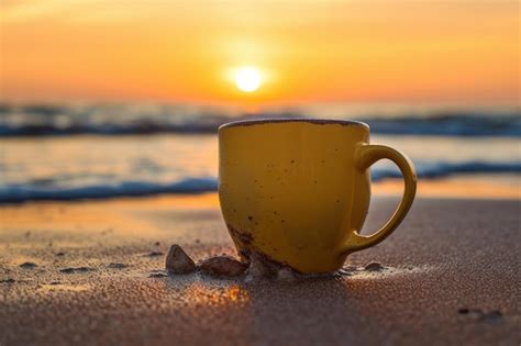 Premium Photo A Yellow Coffee Cup Sits On The Beach At Sunset