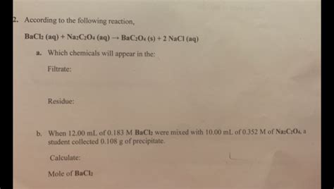 Solved 2. According to the following reaction, BaCl2 (aq) + | Chegg.com