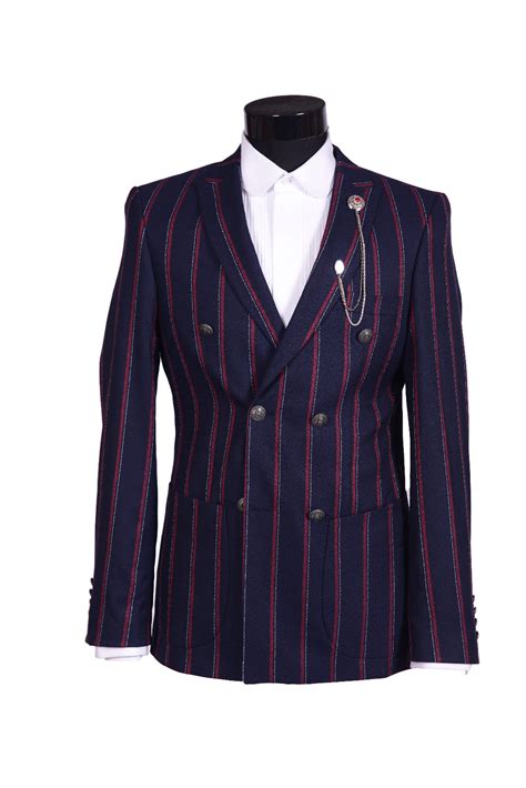 Navy Blue Burgundy Stripe Double Breasted Blazer Stanlion