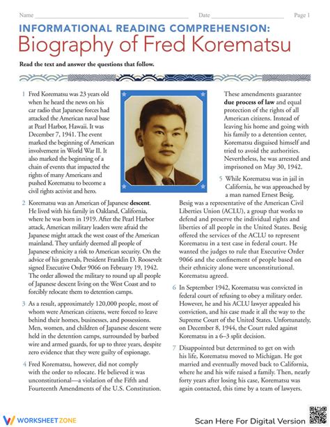 Informational Reading Comprehension Biography Of Fred Korematsu Worksheet