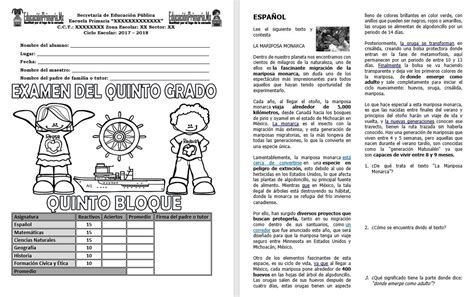 Examen Del Quinto Grado Para El Primer Bloque Del Ciclo F