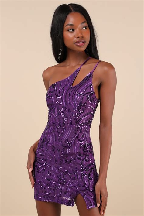 Purple Sequin Mini Dress Bodycon Dress One Shoulder Dress Lulus