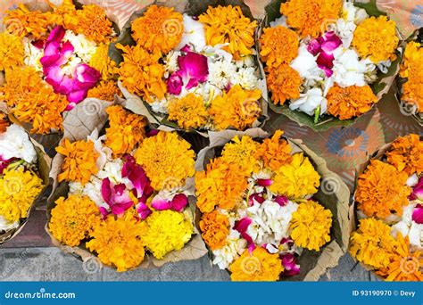 Flowers in Banana Leaves Ready for a Puja in India Stock Photo - Image ...