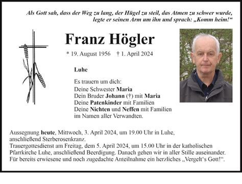 Traueranzeige Franz Högler Luhe OberpfalzECHO