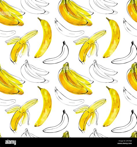 Seamless Pattern With Watercolor Illustration Bananas With Ink Sketch