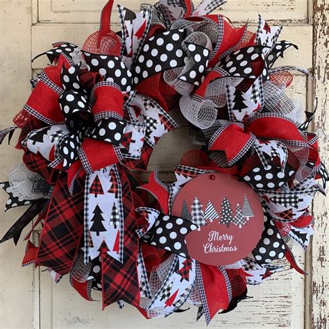 Buffalo Plaid Deco Mesh Wreath Red White And Black Merry Etsy