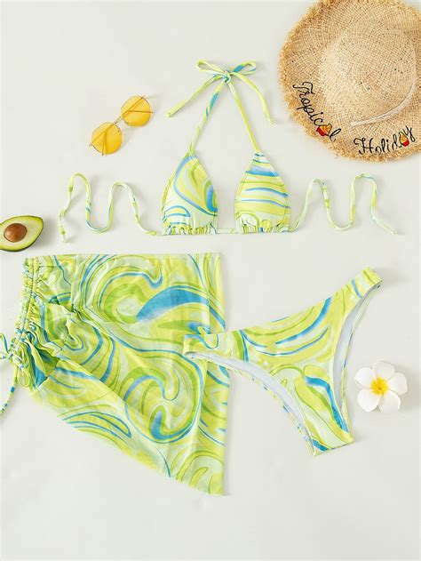 Shein Swim Vcay Marble Print Bikini Set Halter Triangle Bra Bikini