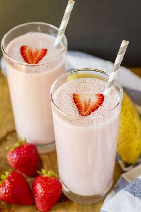 Creamy Fresh Strawberry Banana Smoothie Collage In Glasses With Gray