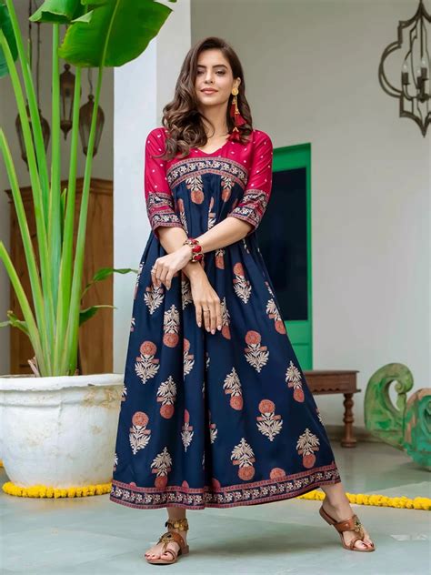 Buy Rustorange Red And Navy Blue Ethnic Motifs Printed Maxi Dress