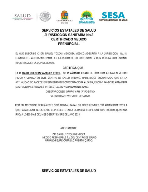 Certificado Medico SERVICIOS ESTATALES DE SALUD JURISDICCION